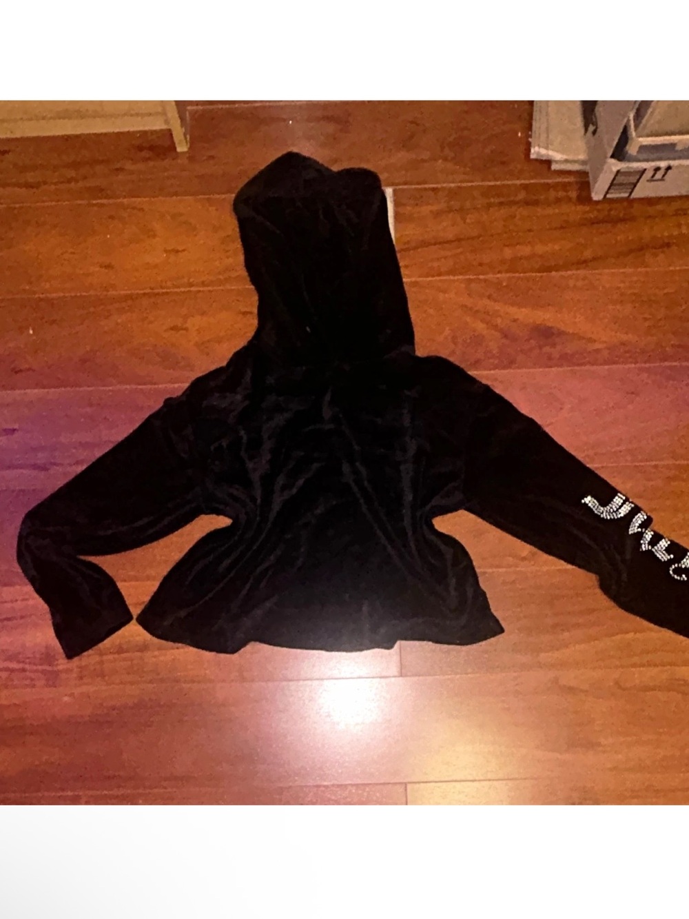 Juicy Couture Black Velvet Hooded Jacket with Sleeve Embellishment